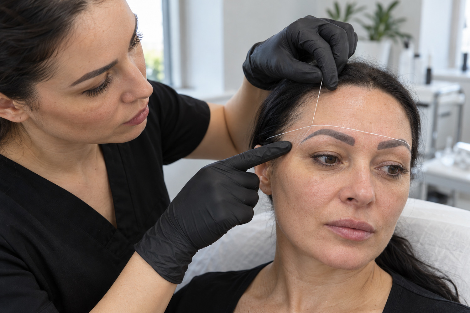 Practitioner maps an eyebrow line while assessing an existing tattoo.