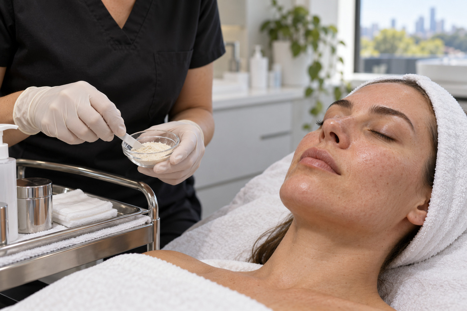 Clinician prepares a small dish of spicule product beside a client on a treatment bed.