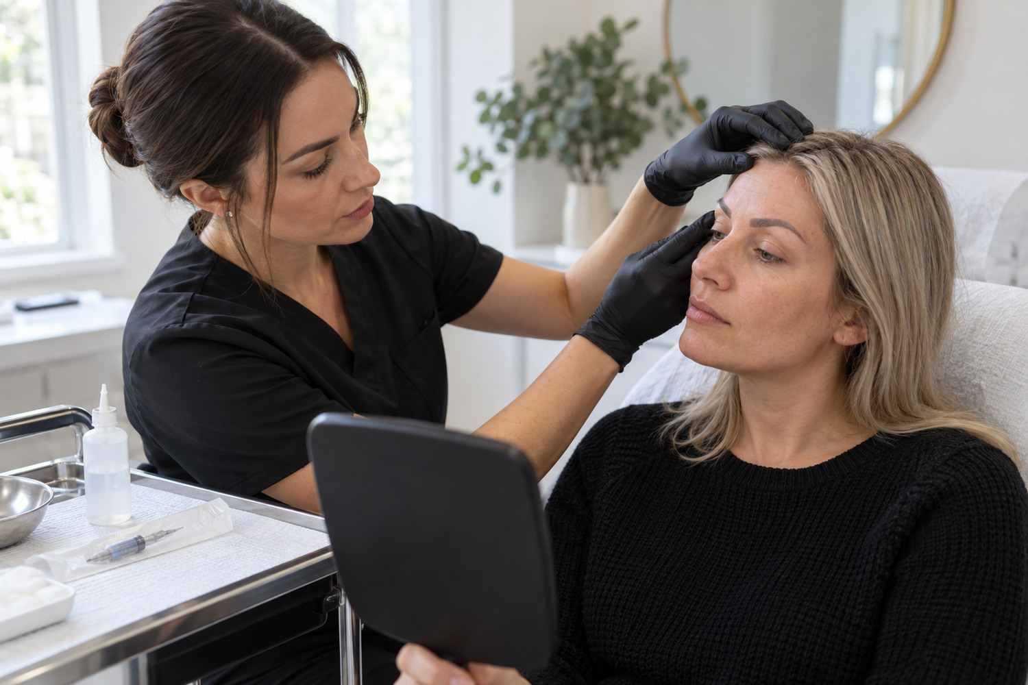Practitioner assesses old eyebrow pigment during a removal consultation.