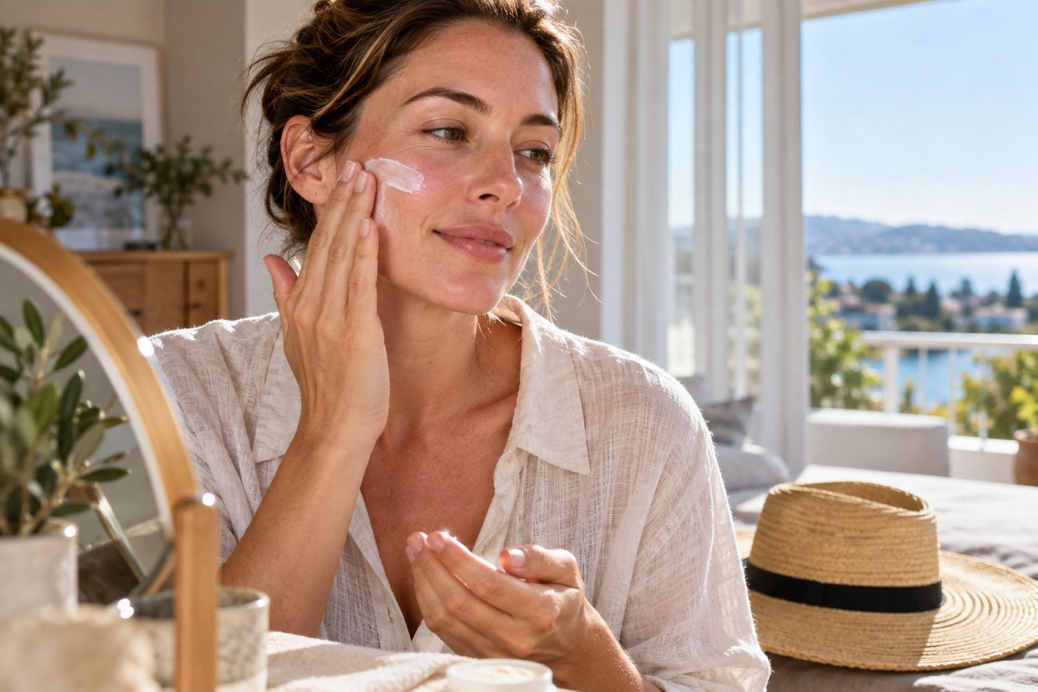 Woman applies sunscreen to her face with a sun hat beside her.