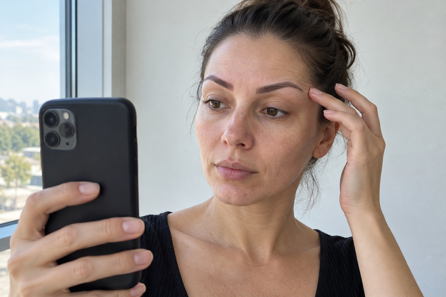 Woman photographs her makeup-free brows in natural window light.