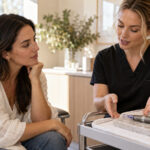 Bio-microneedling or skin needling: which one suits your skin right now? Skin clinician discusses surface spicule treatment and skin needling with a client in a consultation room.