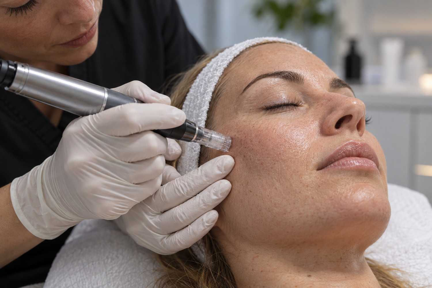 Clinician uses a microneedling pen on a client’s cheek in a skin clinic.