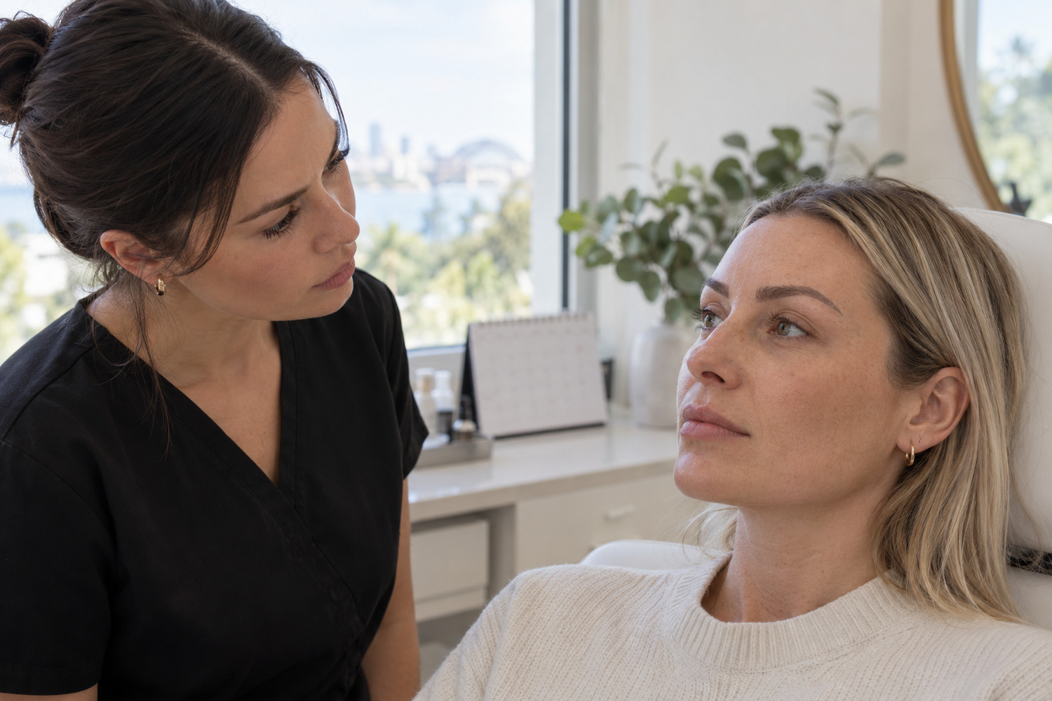 Practitioner reviews a healed eyebrow tattoo with a client in daylight.