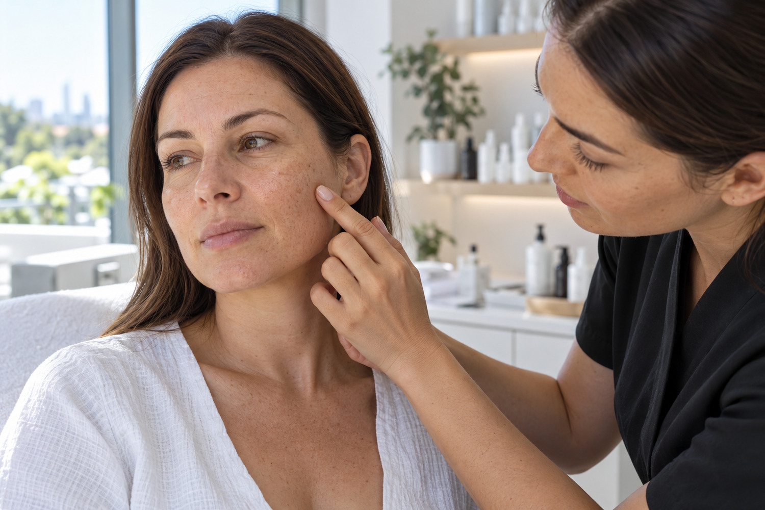 Clinician examines mild uneven cheek texture in a bright consultation room.