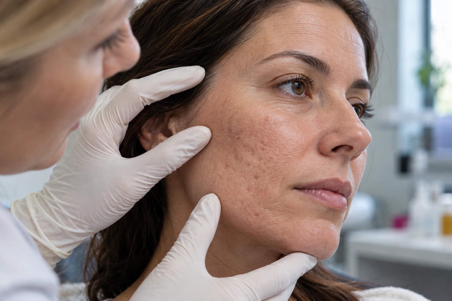 Clinician assesses visible cheek texture and shallow acne scarring.