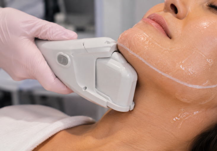 Ultrasound Facial Treatment Close-Up HIFU handpiece treating the jawline at For the Love of Beauty in Hornsby